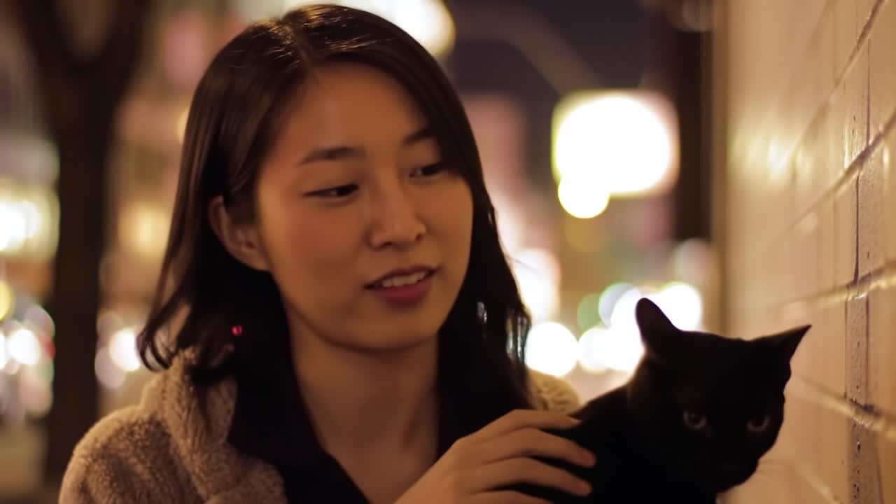 A Heartwarming Nighttime Encounter: A Woman Tenderly Interacts with an Adorable Black Cat Against a Softly Glowing Urban Background