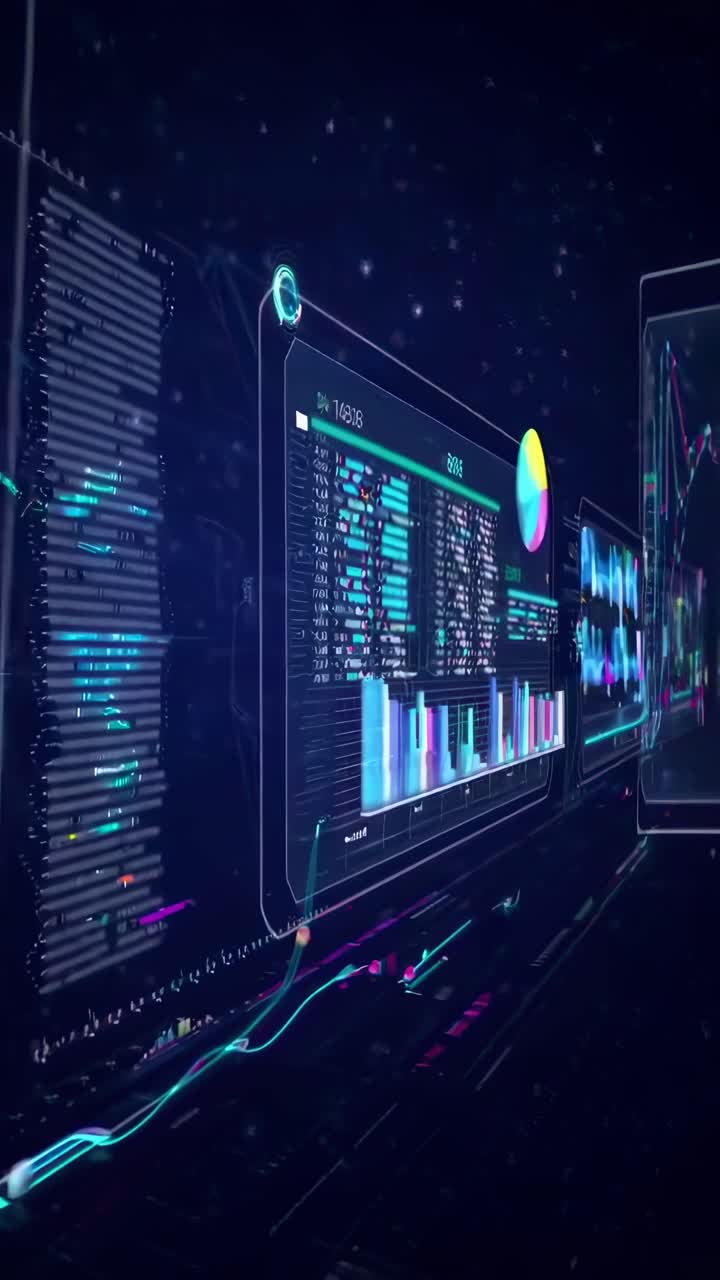 Futuristisk videokonsept med vinkelvisning av digitale skjermer som viser datagrafer