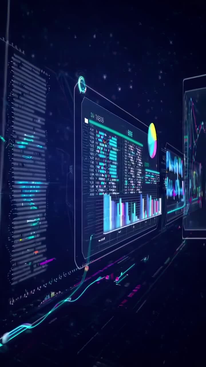 Futuristic video concept with angled view of digital screens displaying data graphs
