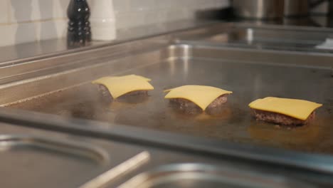 queso derretido en deliciosas hamburguesas cocinadas en una estufa de restaurante caliente