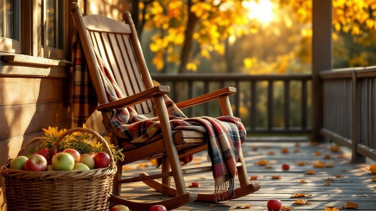 Cozy rocking chair on a porch surrounded by autumn leaves and a basket of fresh apples