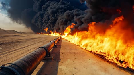 a large pipe in the middle of a desert with a large plume of black smoke coming out of it