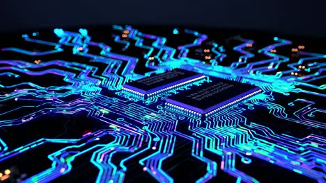 high-tech circuit board with glowing microchips