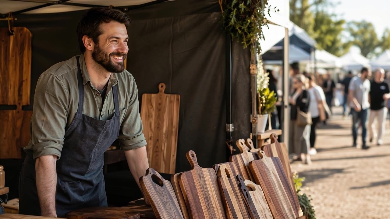 Smiling male vendor standing behind a display of handcrafted wooden cutting boards at an outdoor market