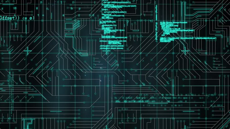 Animation of computer language over circuit board pattern against black background