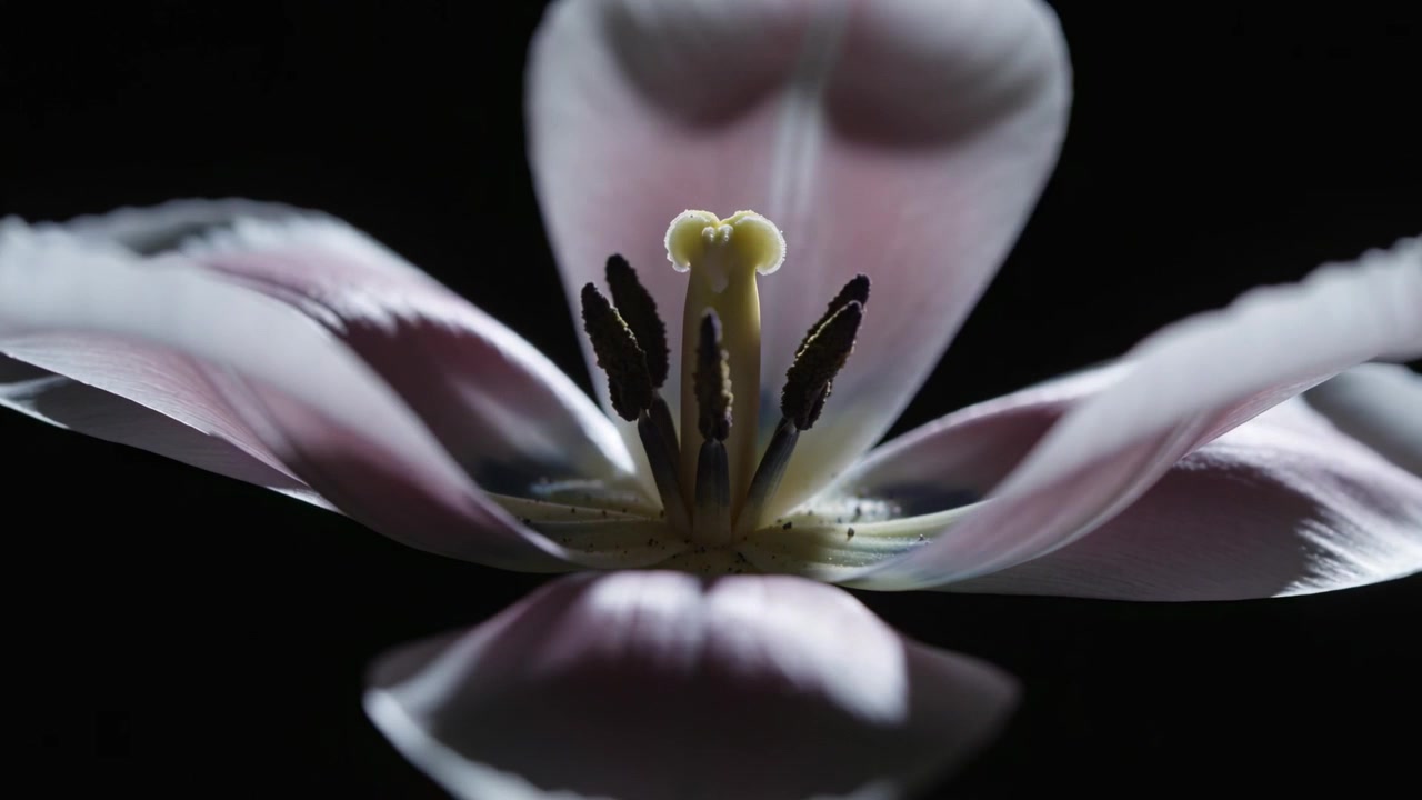 Unfolding as frames progress, pale-pink bloom revealing stigma and dark anthers in studio