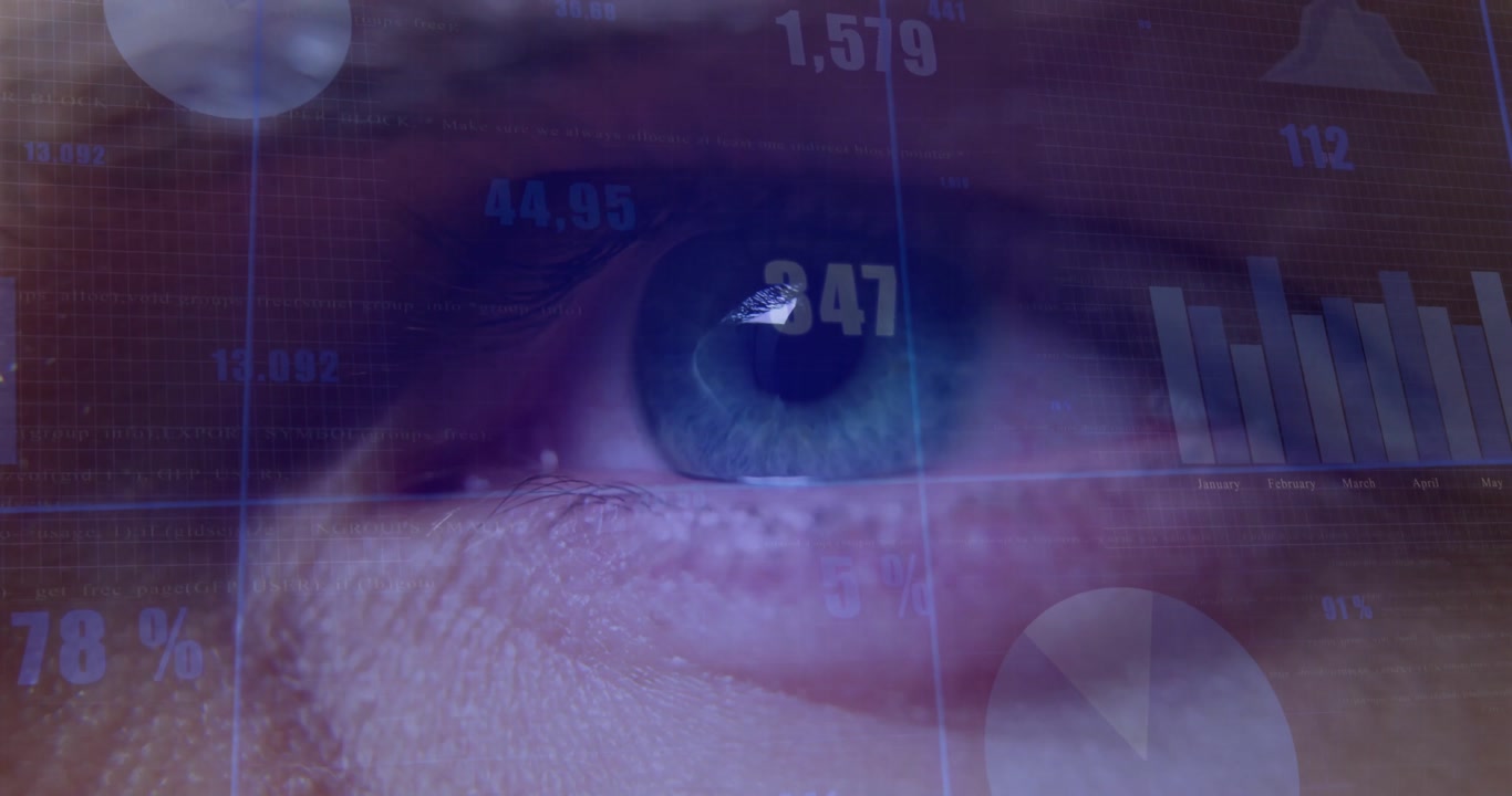 Biometric eye scanning and generating HUD overlay with numeric charts, grid lines and pie segment