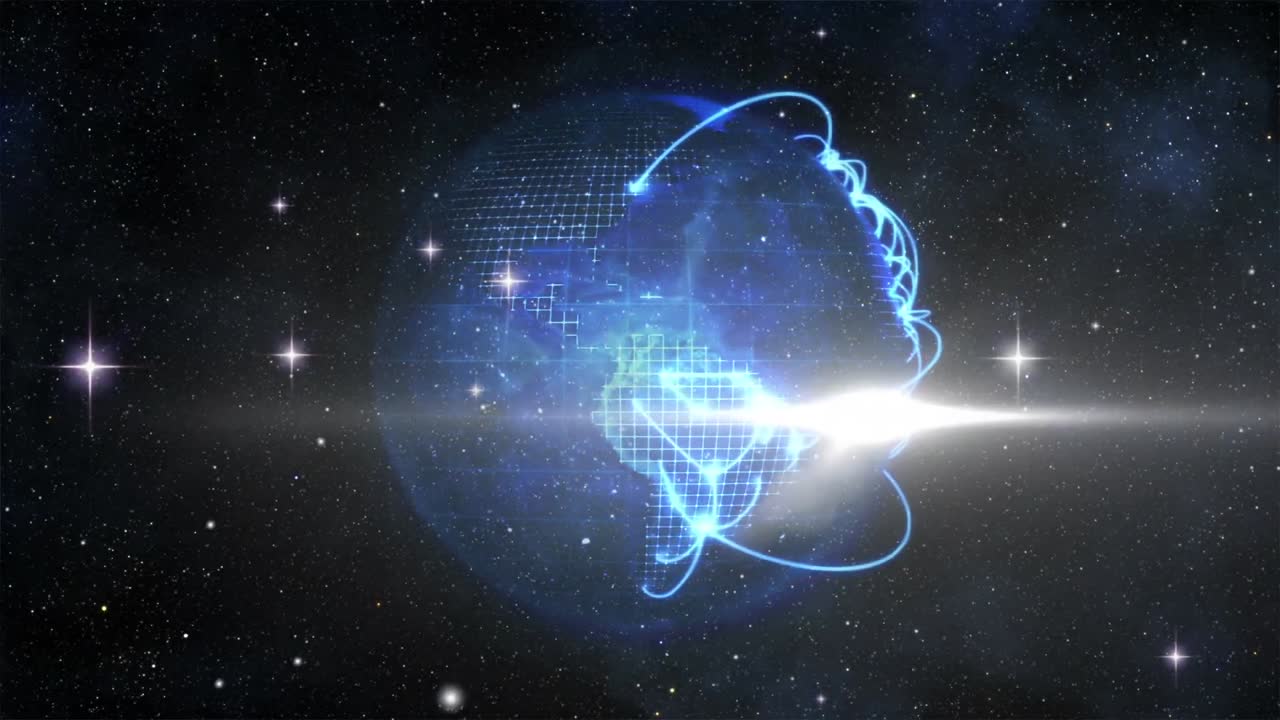 rastros de luz sobre el globo girando contra el espacio en el fondo