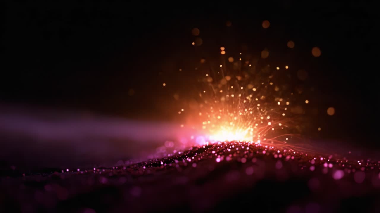 Scintille radiose eruttano da una superficie vivace, creando un’ipnotica esposizione di luce e colore su uno sfondo scuro, che mette in risalto movimento dinamico e bellezza