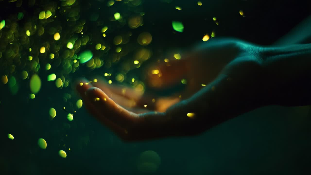 A Captivating Moment of Magic: Hands Embrace Shimmering Particles, Capturing the Essence of Beauty and Wonder in a Dance of Light Amidst a Dreamy Atmosphere
