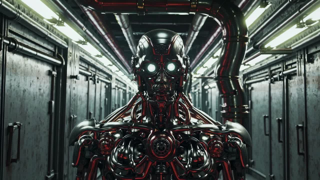 Futuristic robot in a dimly lit corridor, captured from a low-angle