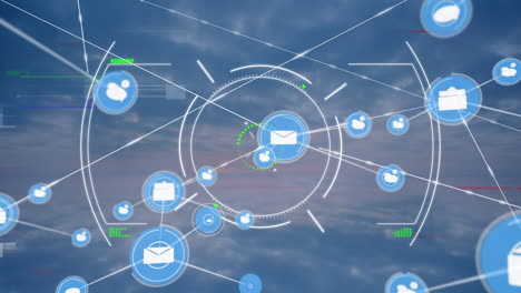animación de la red de conexiones con iconos sobre nubes