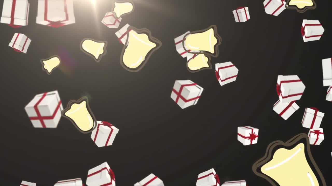 múltiples iconos de regalos de navidad y campanas cayendo contra el punto de luz sobre un fondo negro