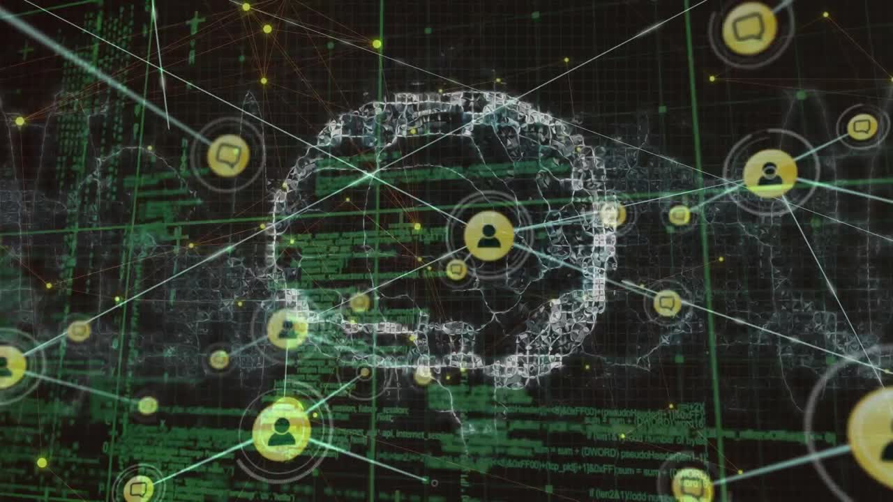 디지털 뇌의 애니메이션과 아이콘이 프로그래밍 언어와 그리드에 대한 선으로 연결됩니다.