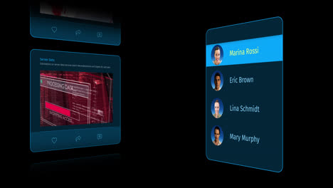 animation of interface with social media posts and people profiles on black background