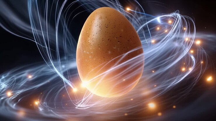 Golden egg pulses with cosmic energy. Light trails swirl around it, glowing bright. Stars and nebulae frame the celestial scene. It evokes origin, creation, and vast beginnings