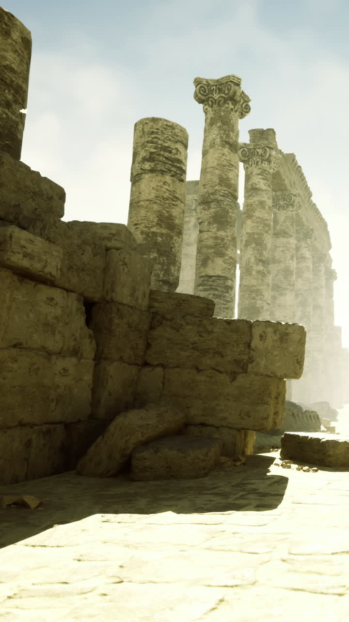 Columnas antiguas se elevan bajo un cielo apacible en una tierra olvidada de ruinas.