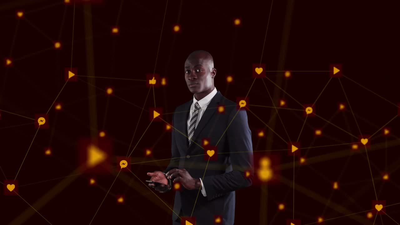 red de iconos digitales contra un empresario que usa un teléfono inteligente