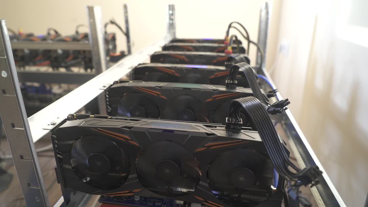 Mining of cryptocurrencies. Farm from video cards. Bitcoin.