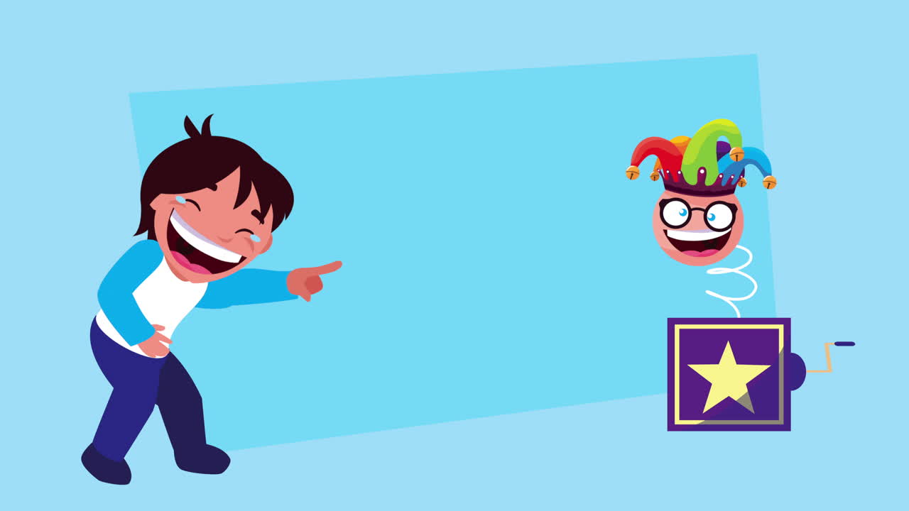 un niño pequeño riendo con un emoji en una caja sorpresa.