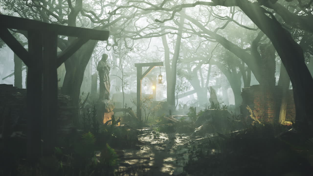 Eerie Foggy Forest Ruins with a Lantern