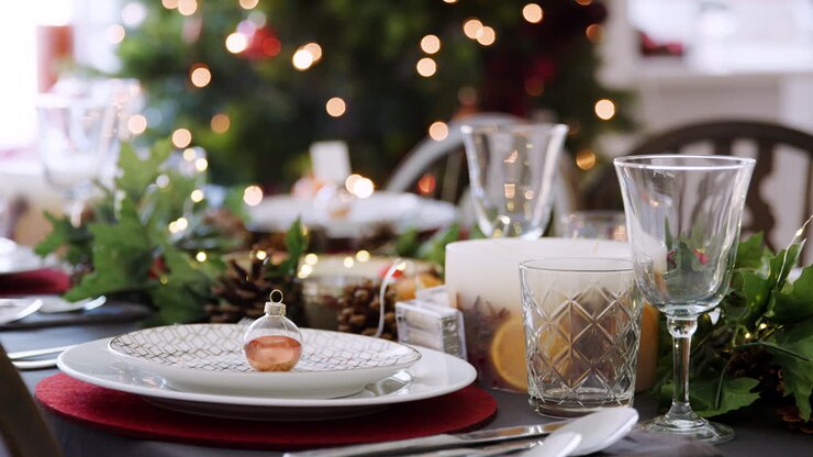 Christmas table setting with bauble arranged on a plate and green and red table decorations, close up