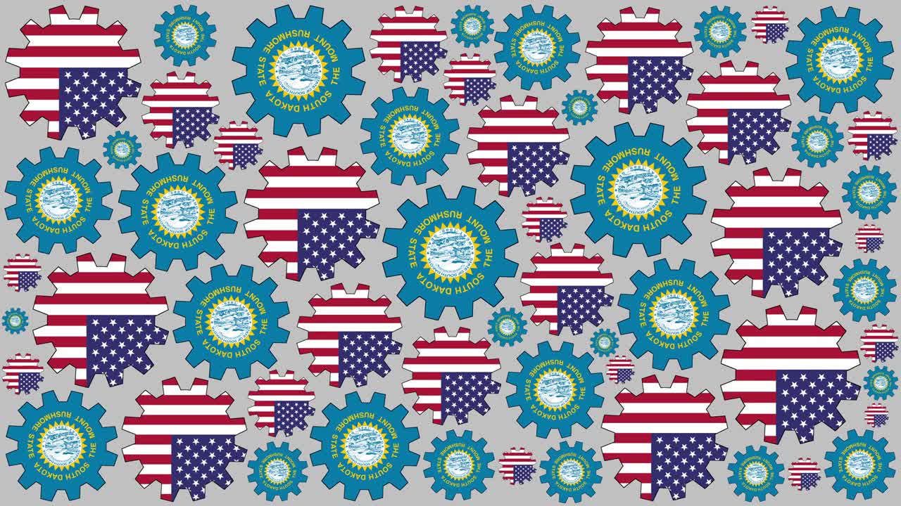 Sfondo con ingranaggi che girano e bandiere americana e del Dakota del Sud