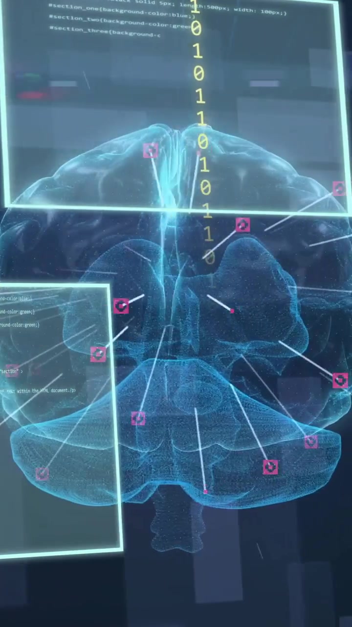 Animation of data processing and digital screens over digital brain spinning