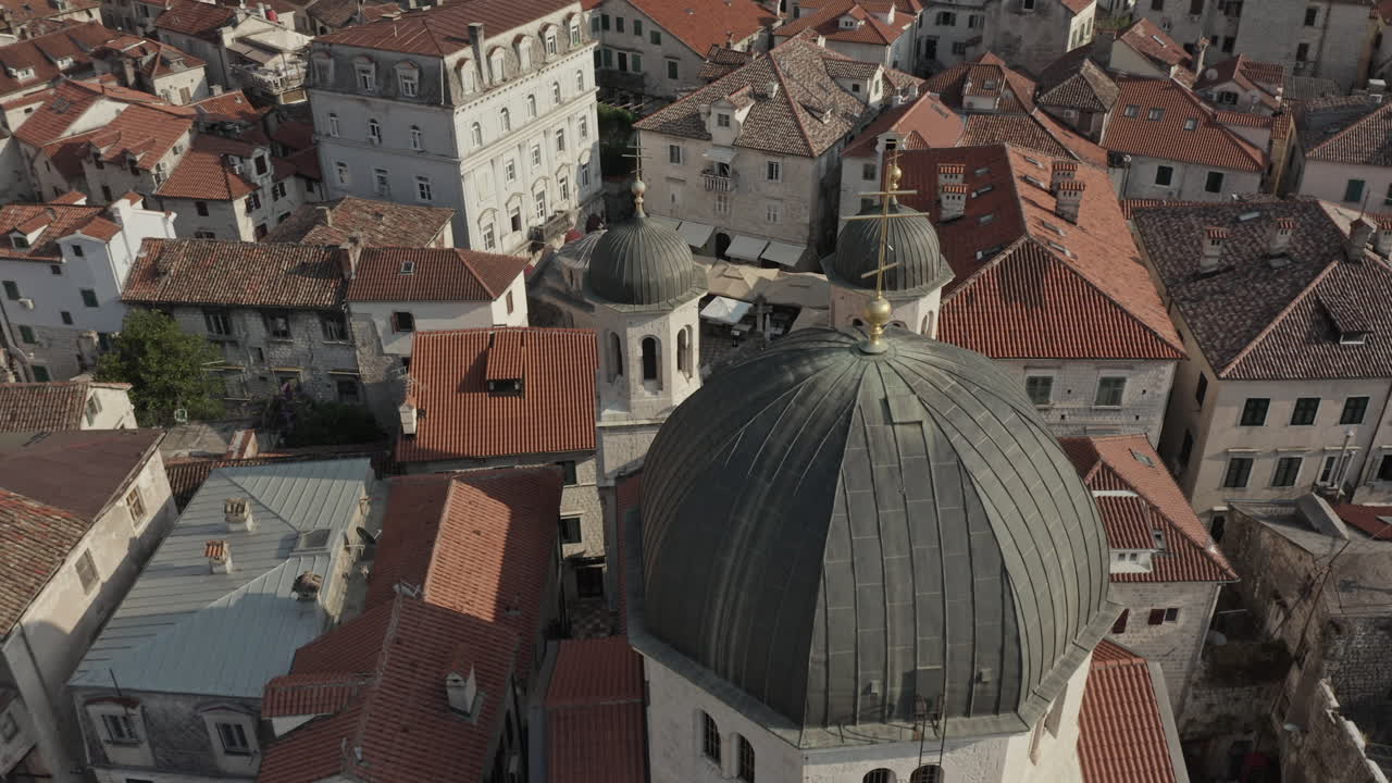 Drone shot of Church dome in the old town, Kotor, Montenegro.