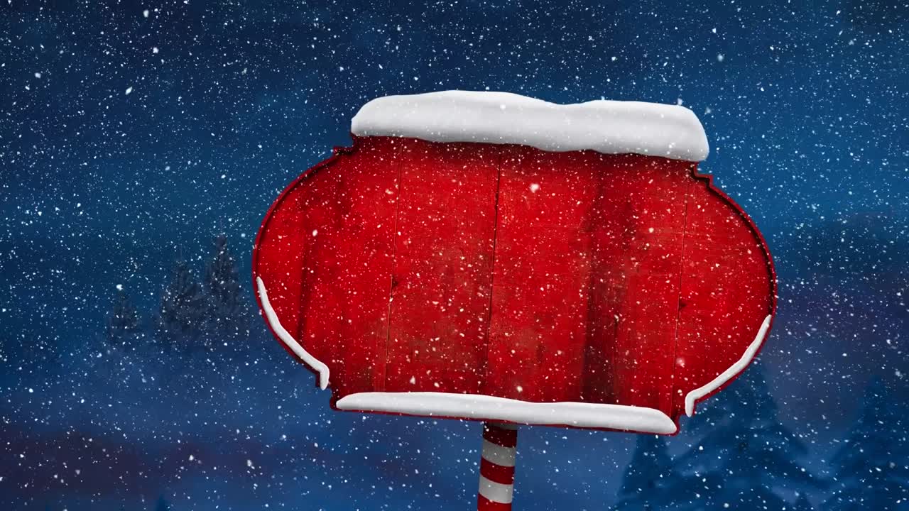 Animation of snow falling over wooden sign with copy space