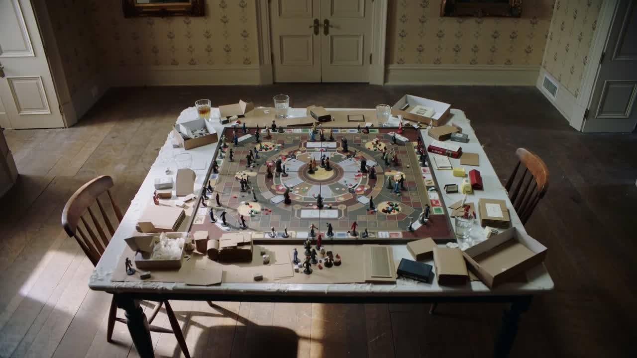 Pulling back camera revealing tabletop board model in dining room, displaying figurines and glasses