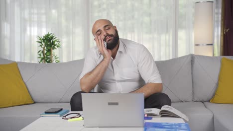 home office worker man is stingy and loves money.