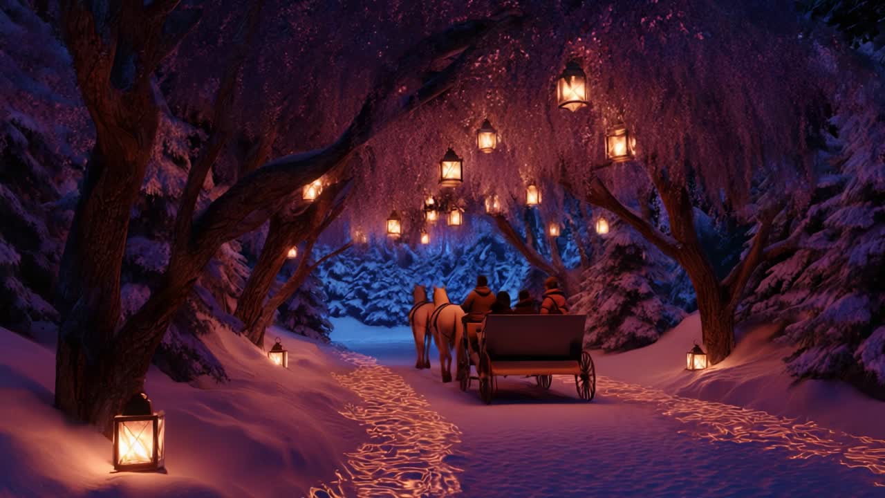 A Magical Winter Evening: Horse-Drawn Carriage Journey Through a Snowy Forest Dimly Lit by Lanterns, Offering a Cozy and Enchanting Atmosphere Perfect for a Holiday Adventure or Romantic Escape