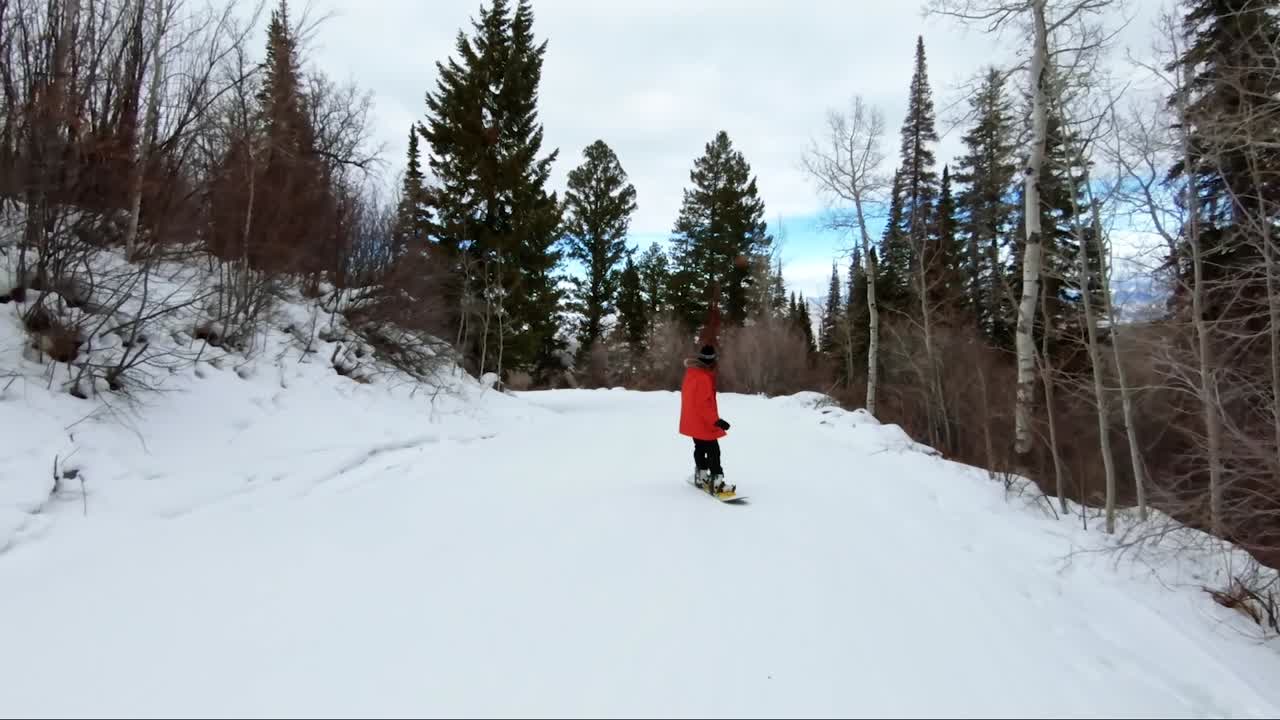 una snowboarder femenina bajando por un hermoso camino nevado en una estación de esquí en colorado con grandes pinos en el fondo