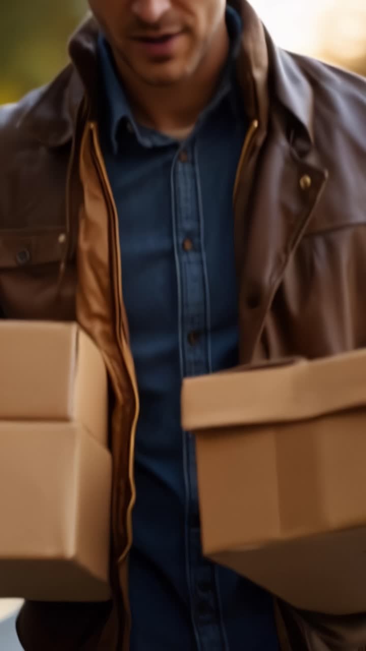 Un uomo che trasporta due scatole di cartone mentre indossa una giacca di pelle marrone e una camicia di jeans blu, mostrando un atteggiamento casual ma determinato durante una consegna.