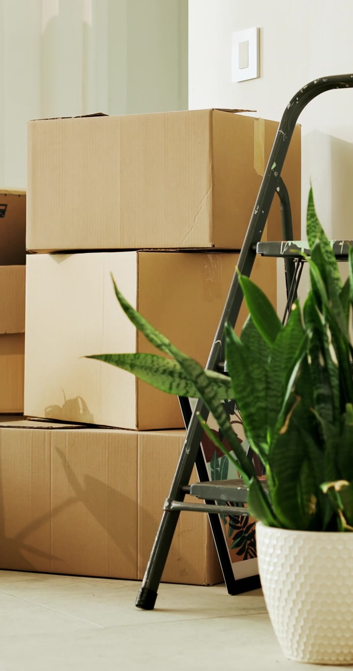 Stack of Cardboard Moving Boxes and Stepladder in New Home