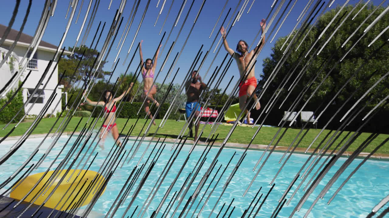 People jumping into pool with dynamic lines animation over sunny outdoor scene