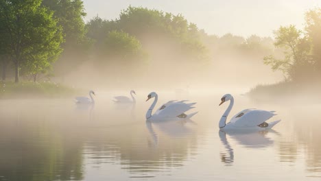 enchanting scene of swans gliding through a serene misty lake at dawn, showcasing nature's tranquility and beauty in stunning detail