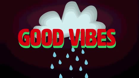 animation of good vibes text over cloud with rain on purple background