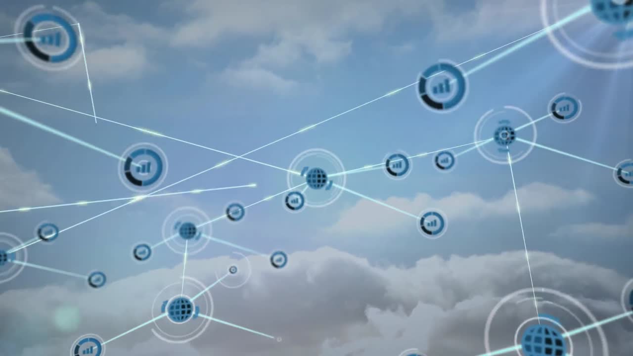 animación de la red de conexiones con iconos sobre nubes