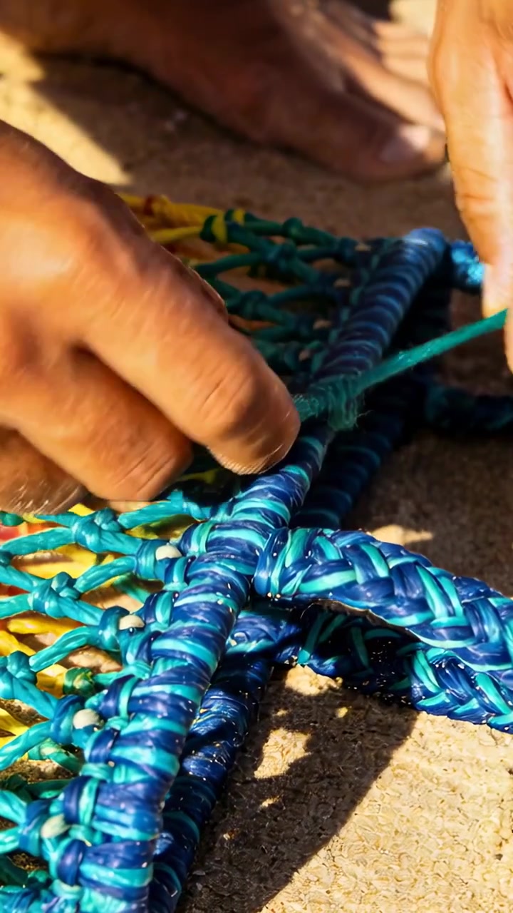 Video vertical: Manos hábiles uniendo un cordón verde con una cuerda azul sobre arena, reparando una red.