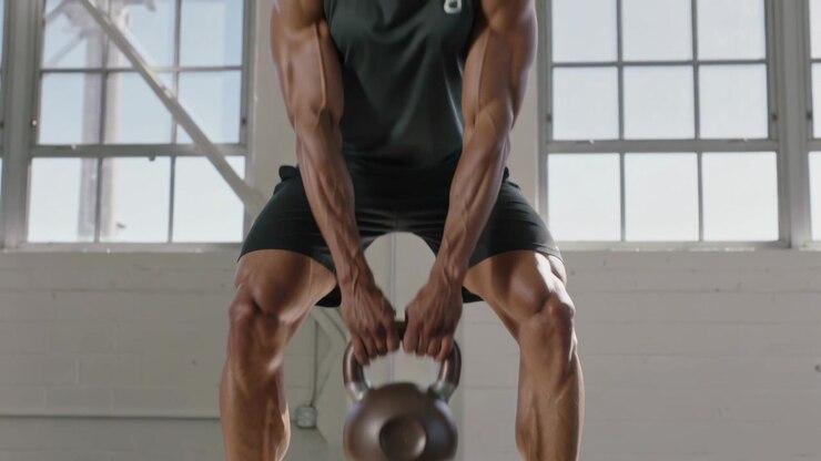 Hinging hips, driving kettlebell, trainer in tank top and shorts swinging at loft for strength