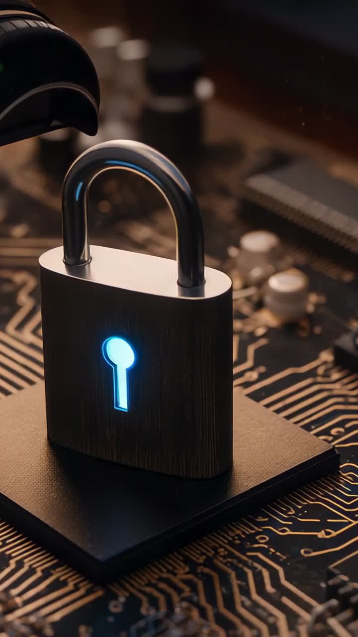 Vertical video: Upon pulsing keyhole, gripper inspecting padlock on circuit board then retreating