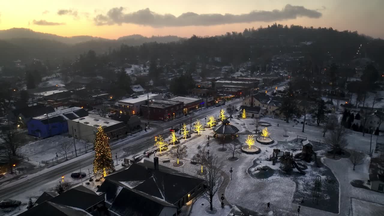 aerial of downtown blowing rock nc, north carolina with christmas lights