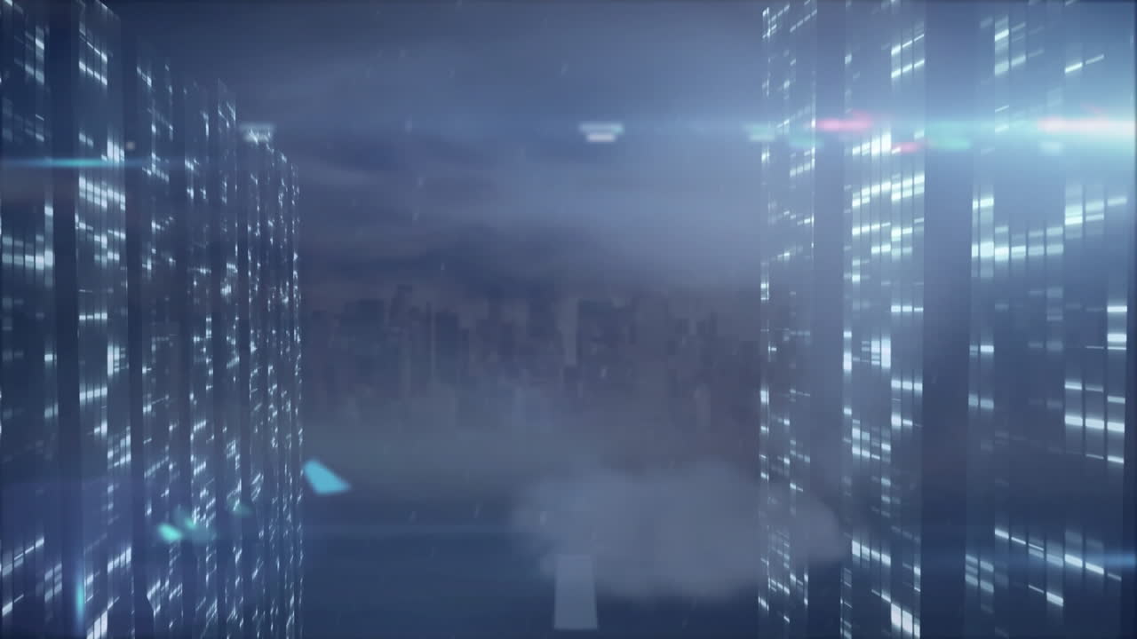 Illuminated skyscrapers with digital animation elements in foggy futuristic cityscape