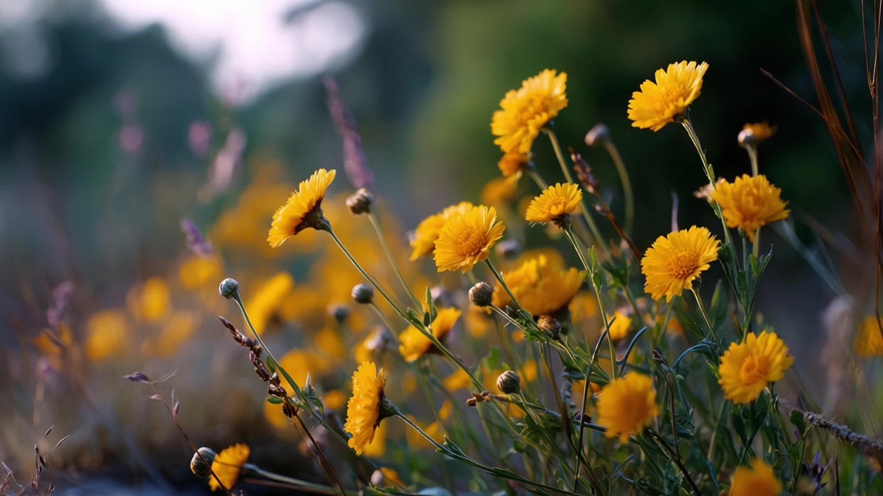 Una vivace esposizione di fiori selvatici dorati in un paesaggio naturale, che cattura la bellezza e la serenità della fioritura della natura in un ambiente tranquillo.