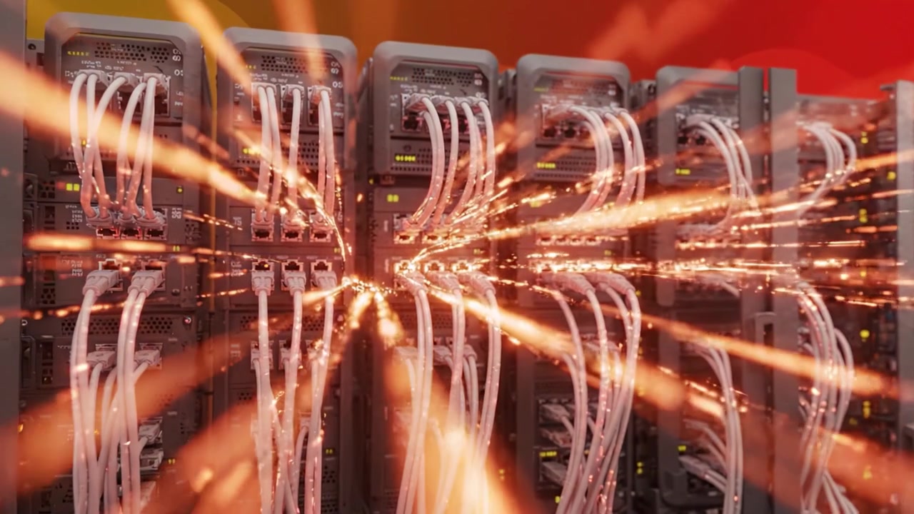 A High-Tech Server Rack Displaying Intricate Network Connections and Data Cables with Dynamic Sparks in a Modern Digital Environment