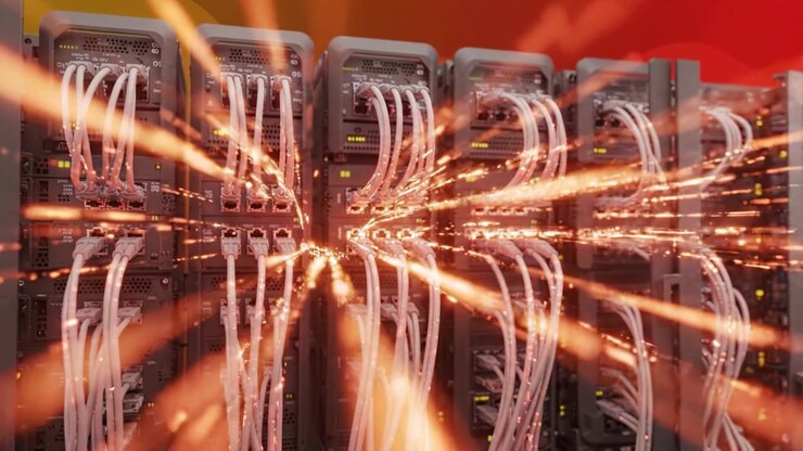 A High-Tech Server Rack Displaying Intricate Network Connections and Data Cables with Dynamic Sparks in a Modern Digital Environment