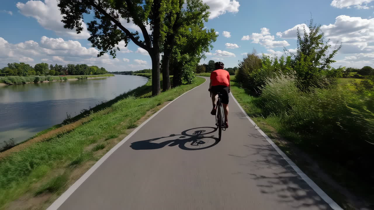 Man cycling along a river path