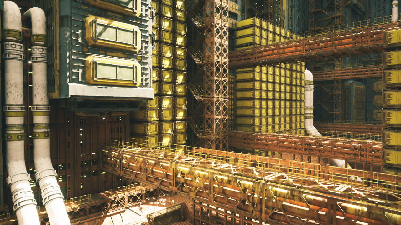Extensive manufacturing district illuminated by glowing gold lamps